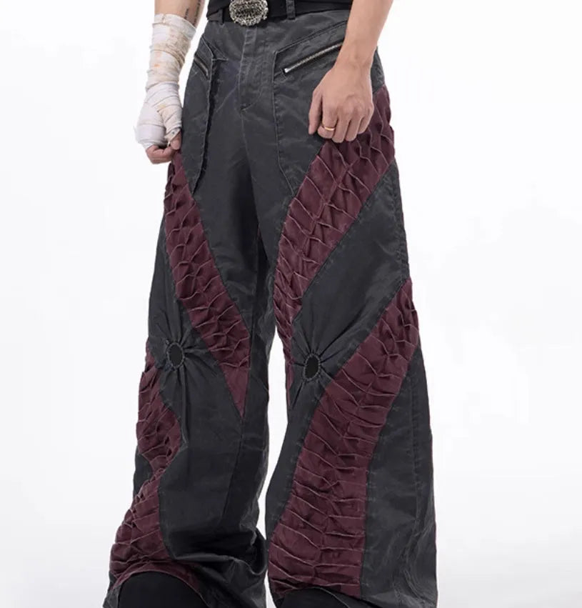 Retro grey three-dimensional keel casual sports pants on a model, showing straight hem and tight fit.