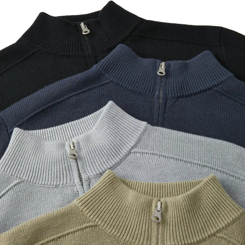 Men's slim fit long sleeve casual sweater in thickened wool fabric, shown in multiple colours.