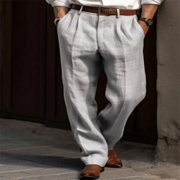 Men's linen trousers, double pleated front, straight leg, mid waist, zip fly, available in black, white, khaki, olive green