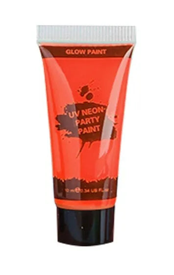 Close-up of a neon green face paint tube with hose applicator on a colourful design.