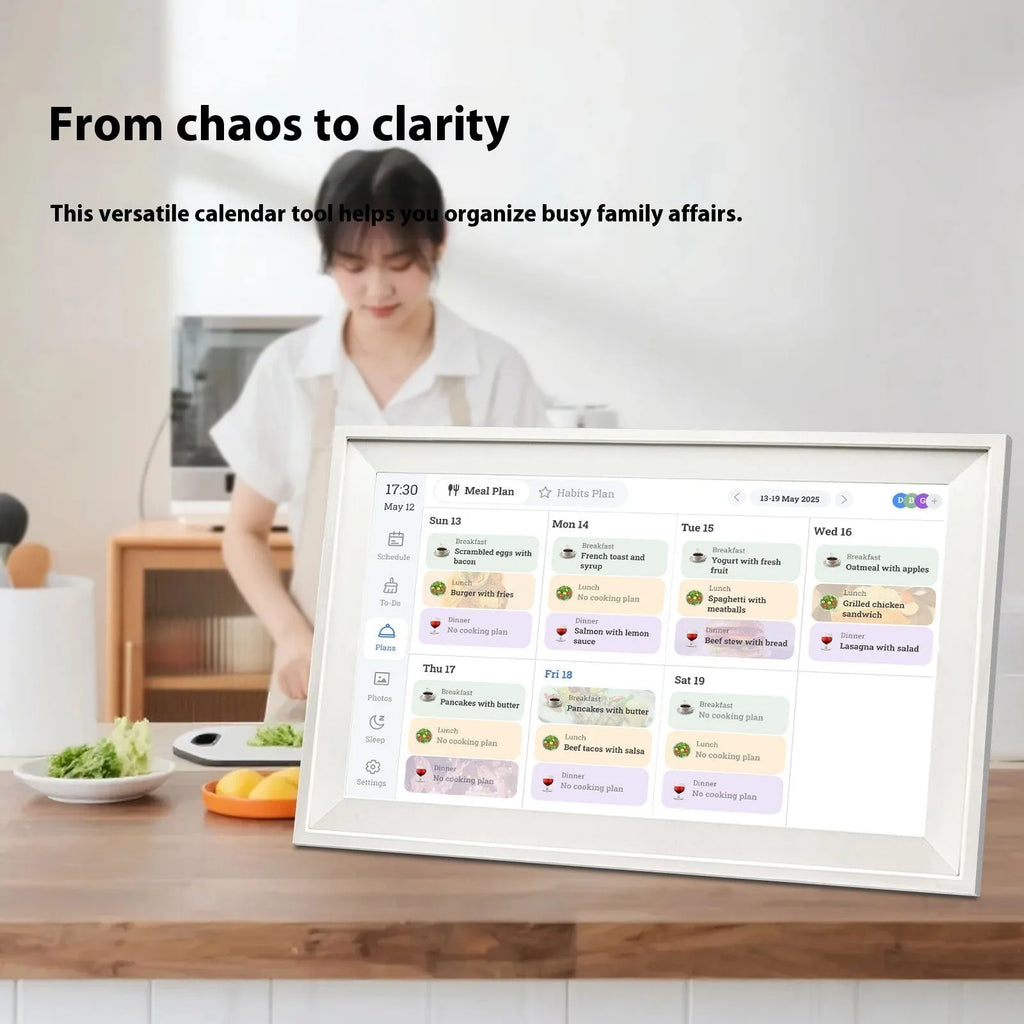 White 15.6 inch digital photo frame with smartphone app connectivity on adjustable bracket