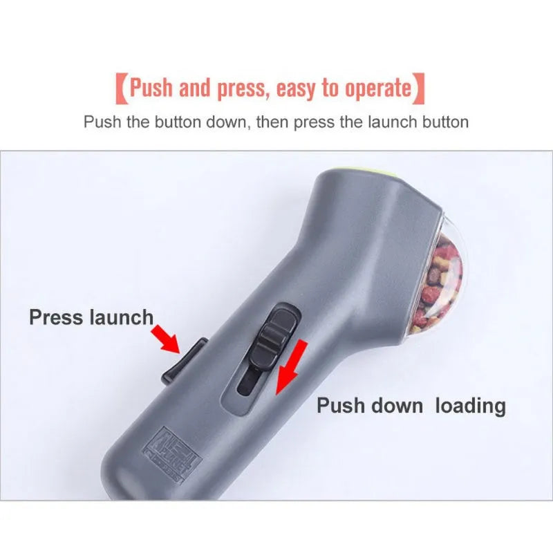 Grey pet snack catapult launcher toy measuring 18cm for dog and cat training