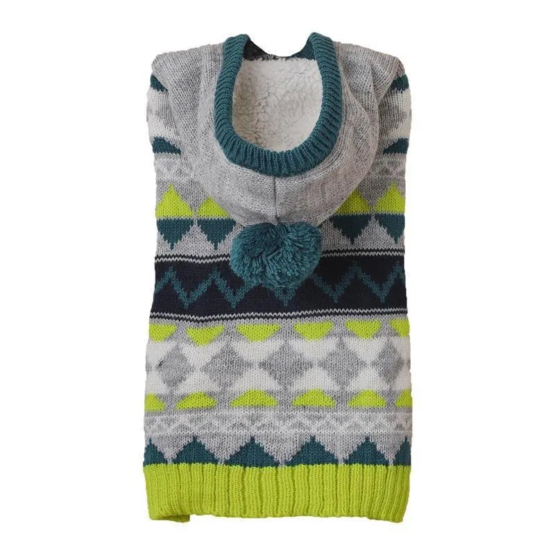 Green diamond pattern pet sweater on small dog showing acrylic knit texture and classic design