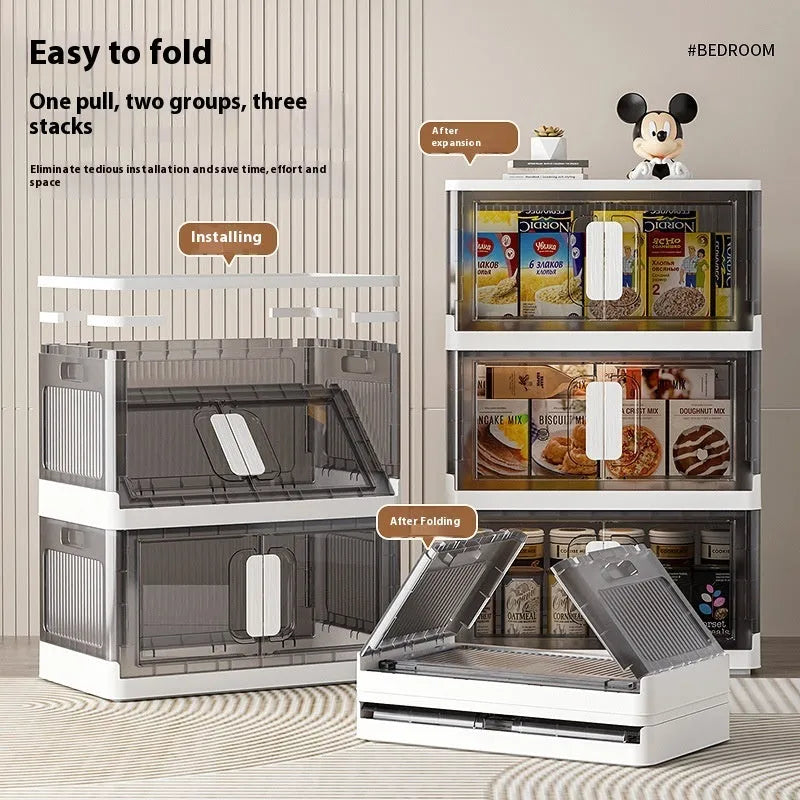 Foldable wardrobe storage locker with wheels in white or grey showing multiple layer shelves for household organisation