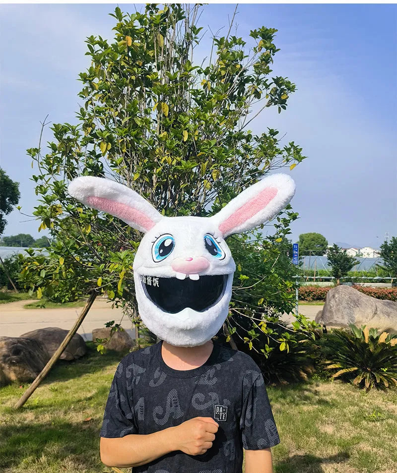 White rabbit head decorative cover on motorcycle helmet with long ears and plush pp cotton material