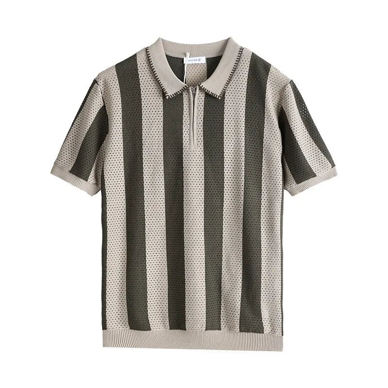Men's short sleeve ice silk sweater with striped pattern and zipper decoration in black white camel brown or sapphire blue