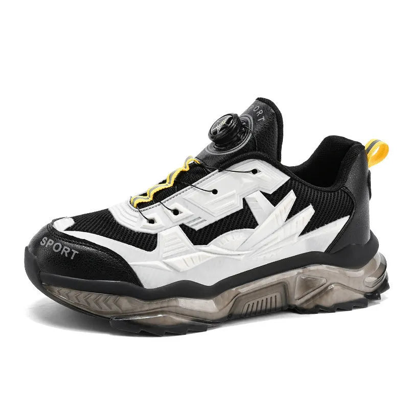 Men's black rotating button casual shoes with mesh upper and platform sole.