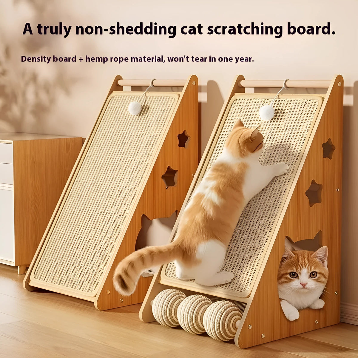 Vertical wall-mounted cat scratch board with sisal surface and hanging teasing ball