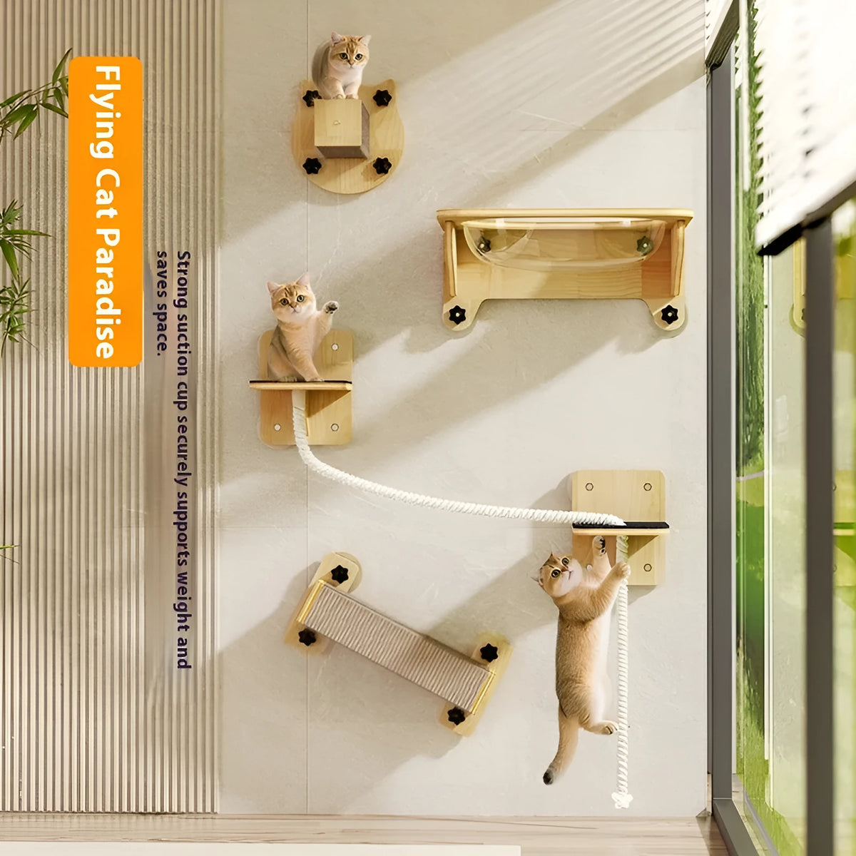 Suspended space capsule shaped cat scratching post with sisal rope and a separate cat climbing frame.