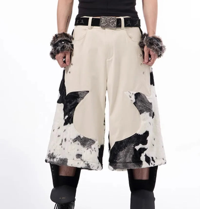 Milk fibre stitch-fur cropped trousers in a personalised pattern design, shown in size L.