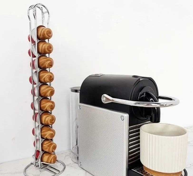 Wrought iron coffee capsule storage rack holding 20 pods with modern simple design