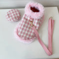 Pink cat winter cloak and beret set with hand-holding rope leash attachment shown in multiple sizes