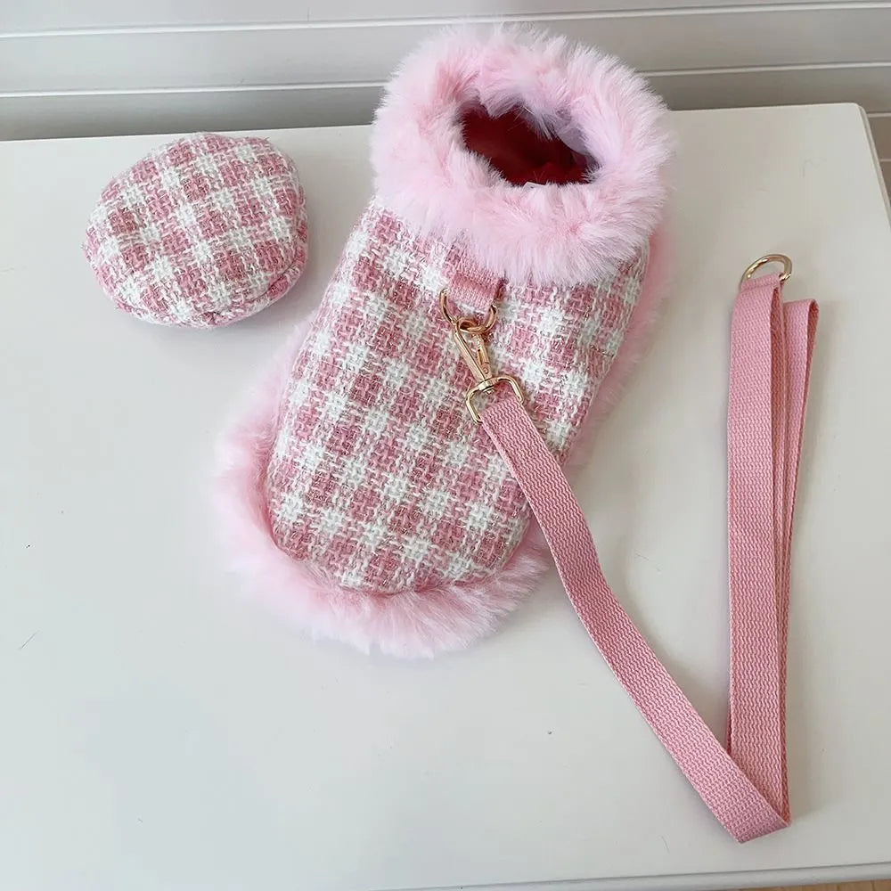 Pink cat winter cloak and beret set with hand-holding rope leash attachment shown in multiple sizes