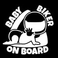 Black and white reflective BABY ON BOARD humorous warning car sticker measuring 14.5 by 15 centimetres.