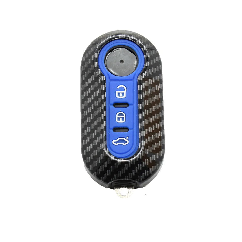 Fiat 500 Boyue ABS plastic remote key shell with carbon fibre pattern in black, red, and dark blue colours