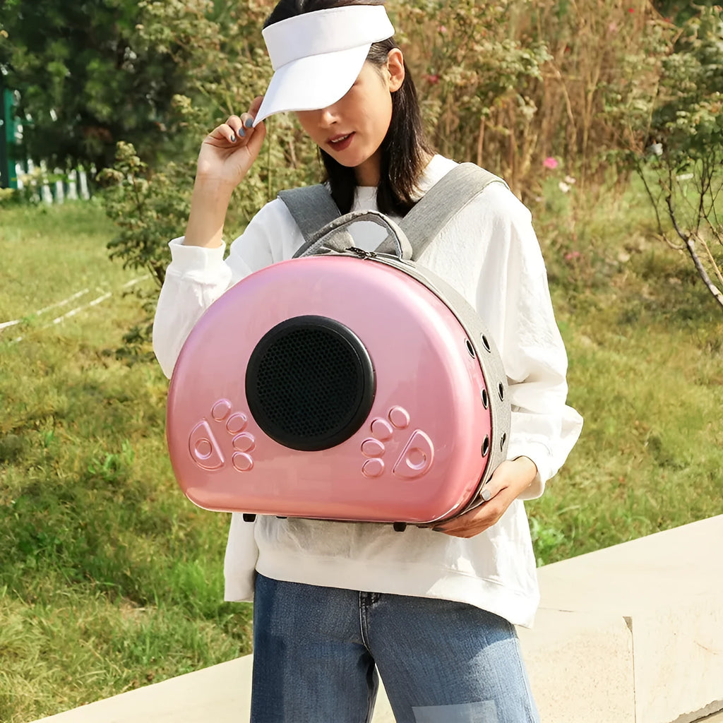 Transparent hard-shell pet carrier bag with metallic rose gold front cover.