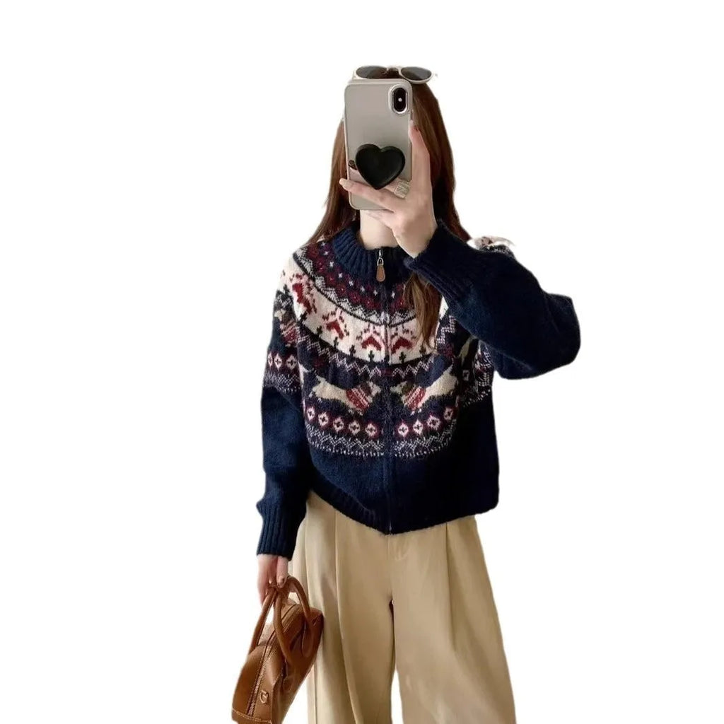 Apricot ethnic jacquard pullover sweater with 3D pattern, showing loose fit and long sleeves.