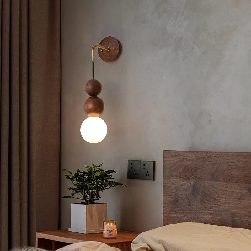 Wood and copper hanging wall lamp with circular 10cm diameter design and tricolour lighting