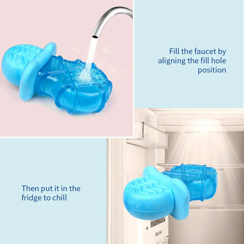 Dog cooling toy set with water-filled pacifier, popsicle and ring shapes for freezing
