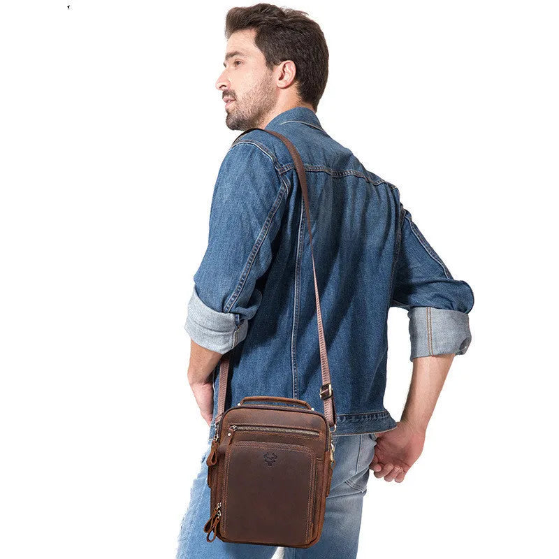 Men's brown Crazy Horse leather single-shoulder crossbody bag with retro styling and sewing line details
