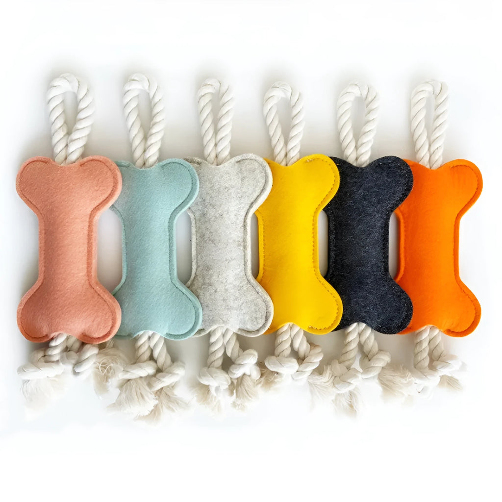 Bite-resistant felt bone dog toy with rope knots in blue colour