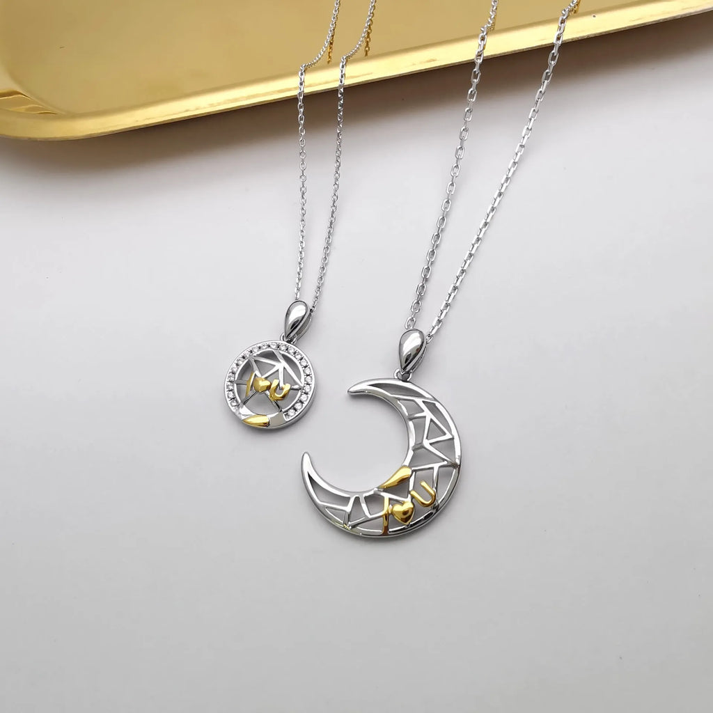 Sun and moon couple necklaces with copper pendants on cross chains, male and female colour variants