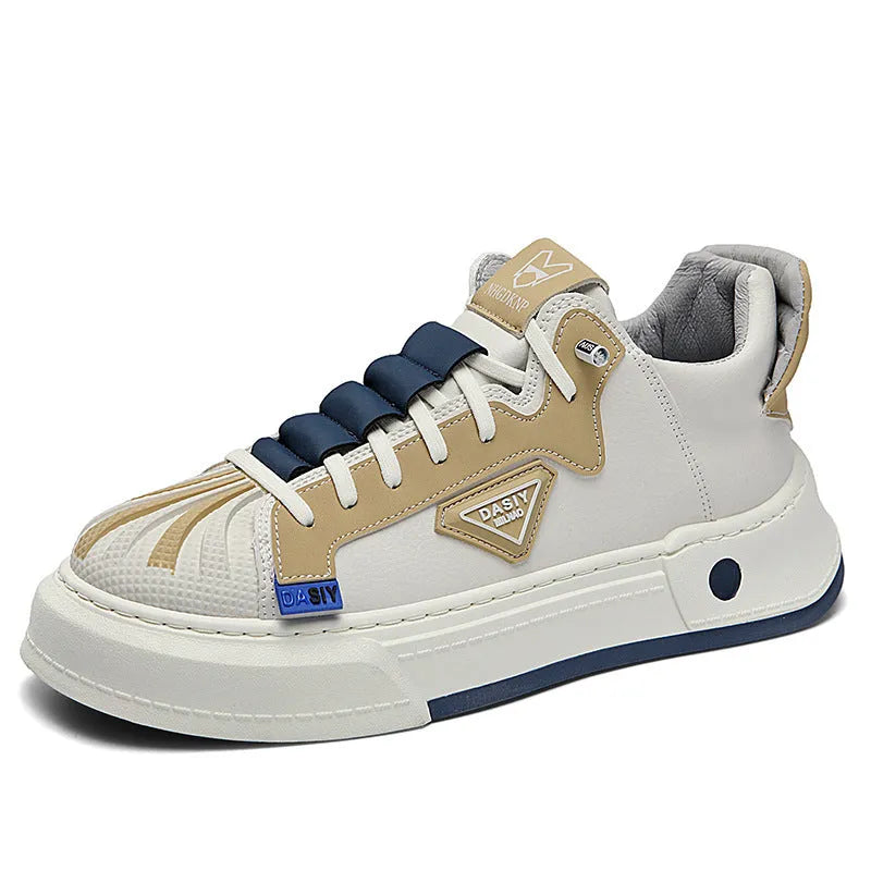 Men's beige low-top sneakers with elastic band fastening and round toe design