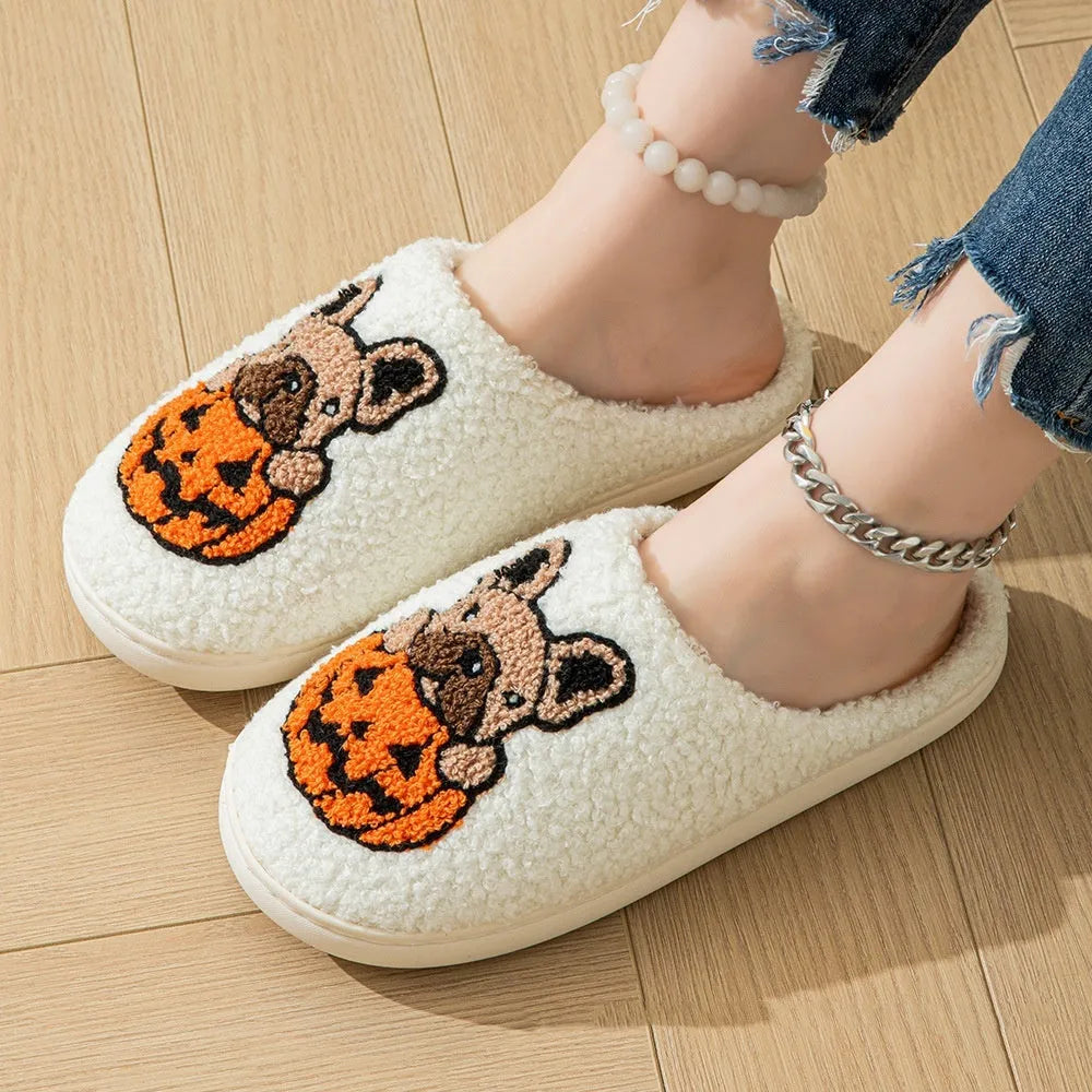 Halloween pumpkin pattern plush slippers with non-slip TPR soles in black and white colours