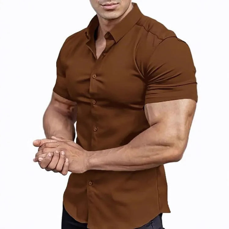 Men's short sleeve printed casual shirt with collar in cardigan style, available in multiple colours.