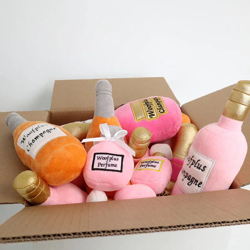 Plush wine bottle pet toy in multiple colours for cats and dogs