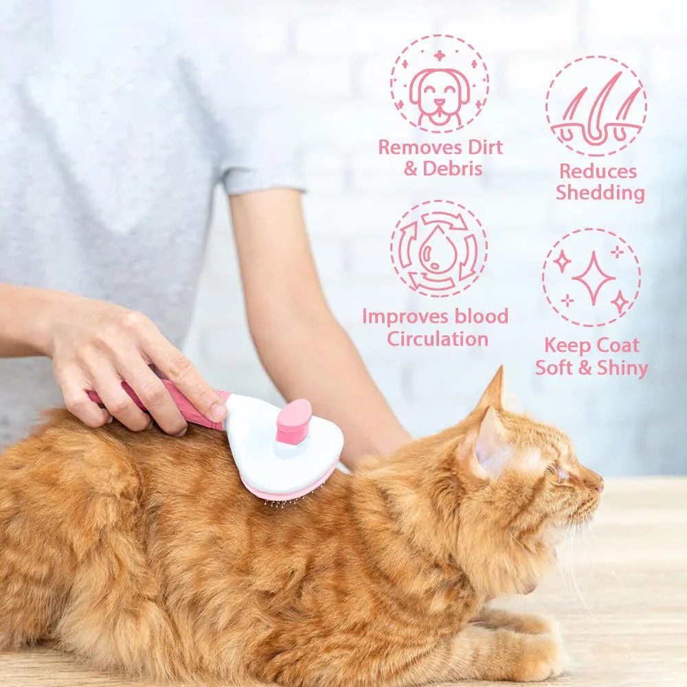 Blue cat grooming brush with a release button and fine wire bristles for pet hair removal