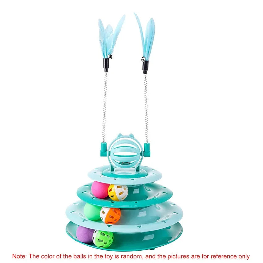 Blue 4-tier cat puzzle toy with balls and teasing rods on non-slip base