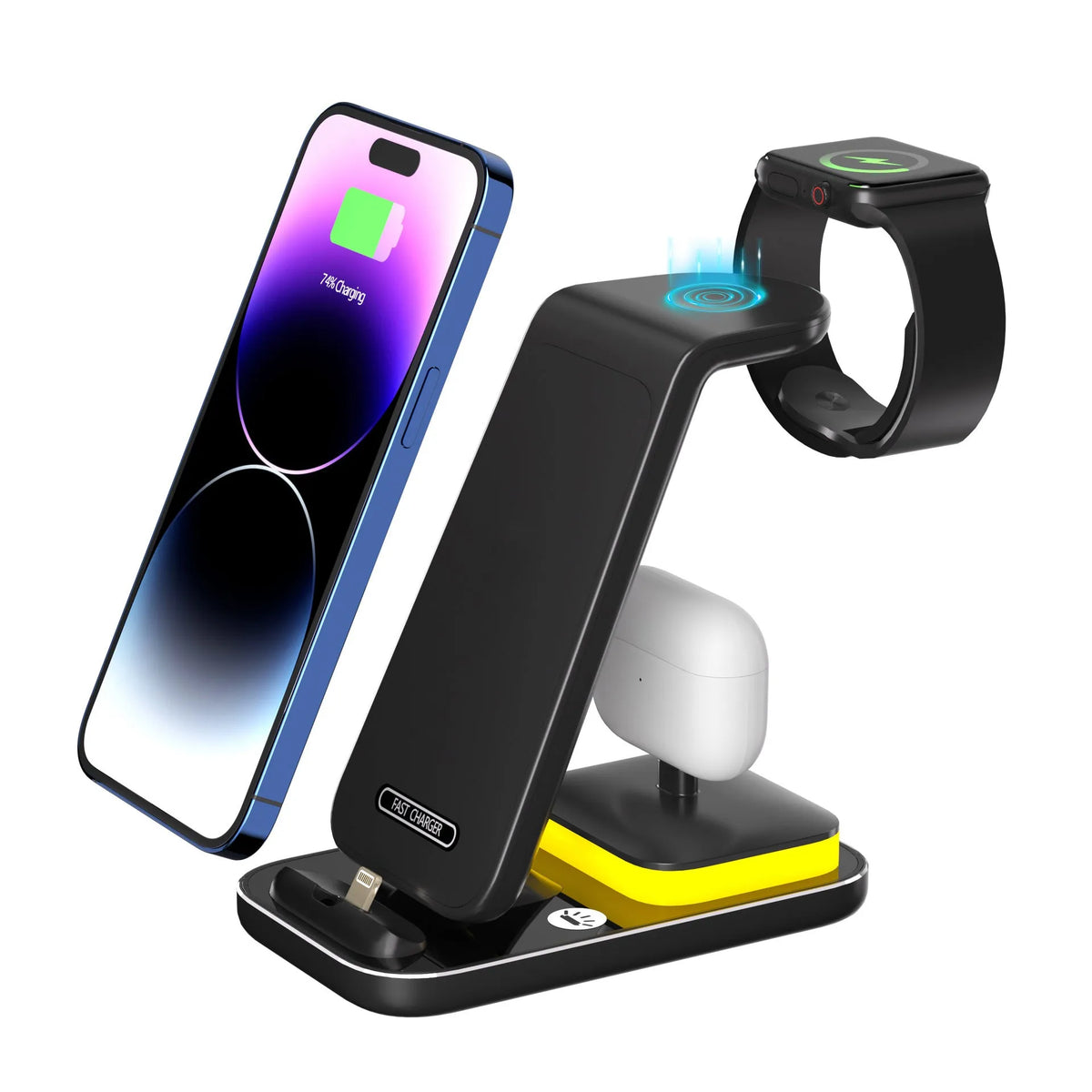 Black vertical wireless charger with phone charging in upright position on desk