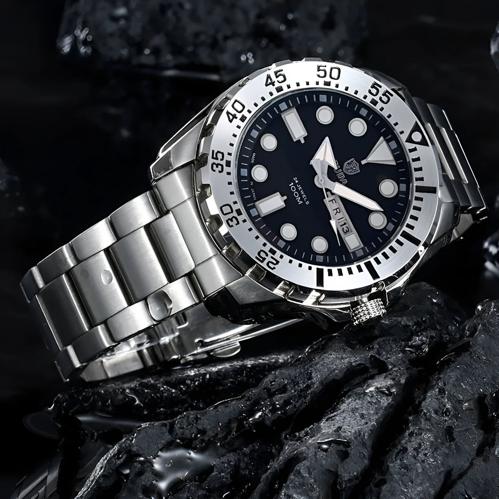 Men's waterproof luminous quartz business watch with silver case and blue dial on steel strap