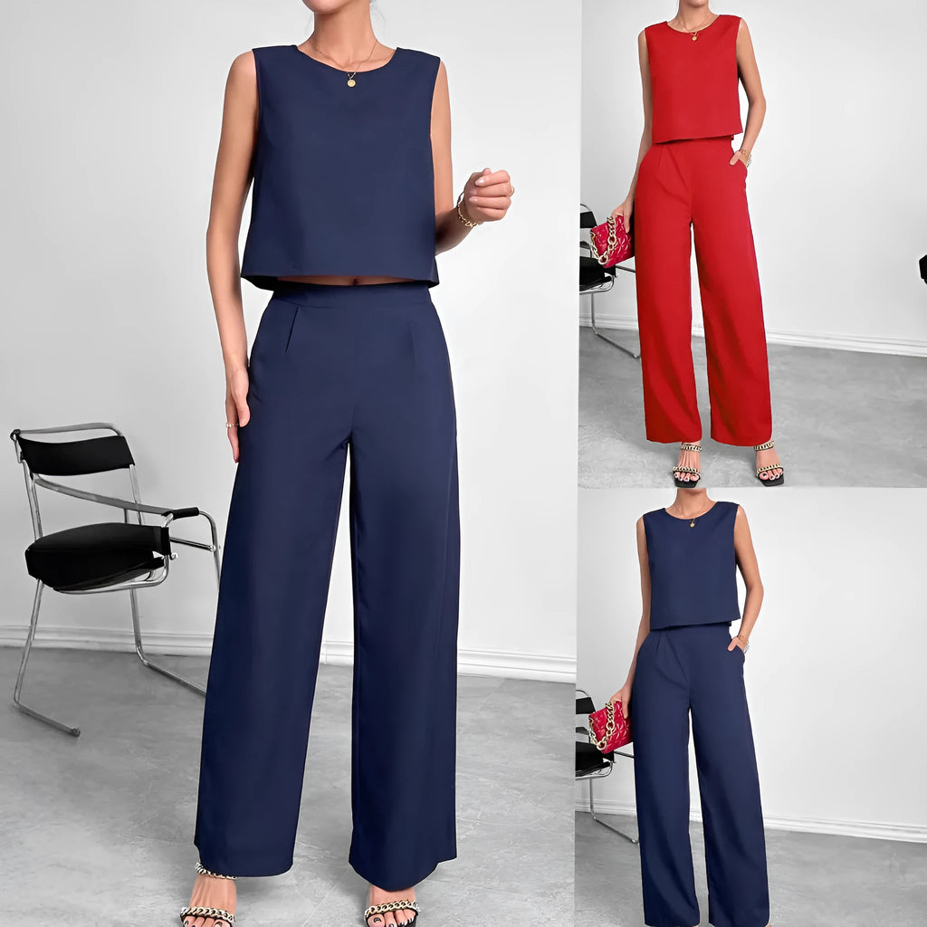 Red polyester two-piece set with sleeveless round neck top and wide leg trousers