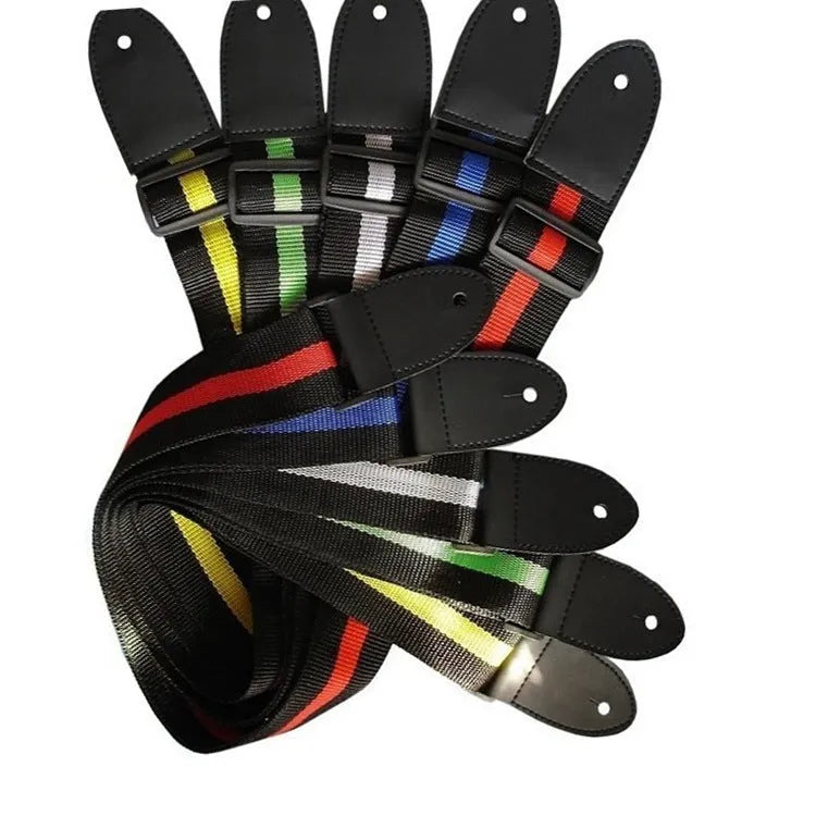 Woven fabric crossbody instrument strap for guitar, bass, and ukulele shown in multiple colour options