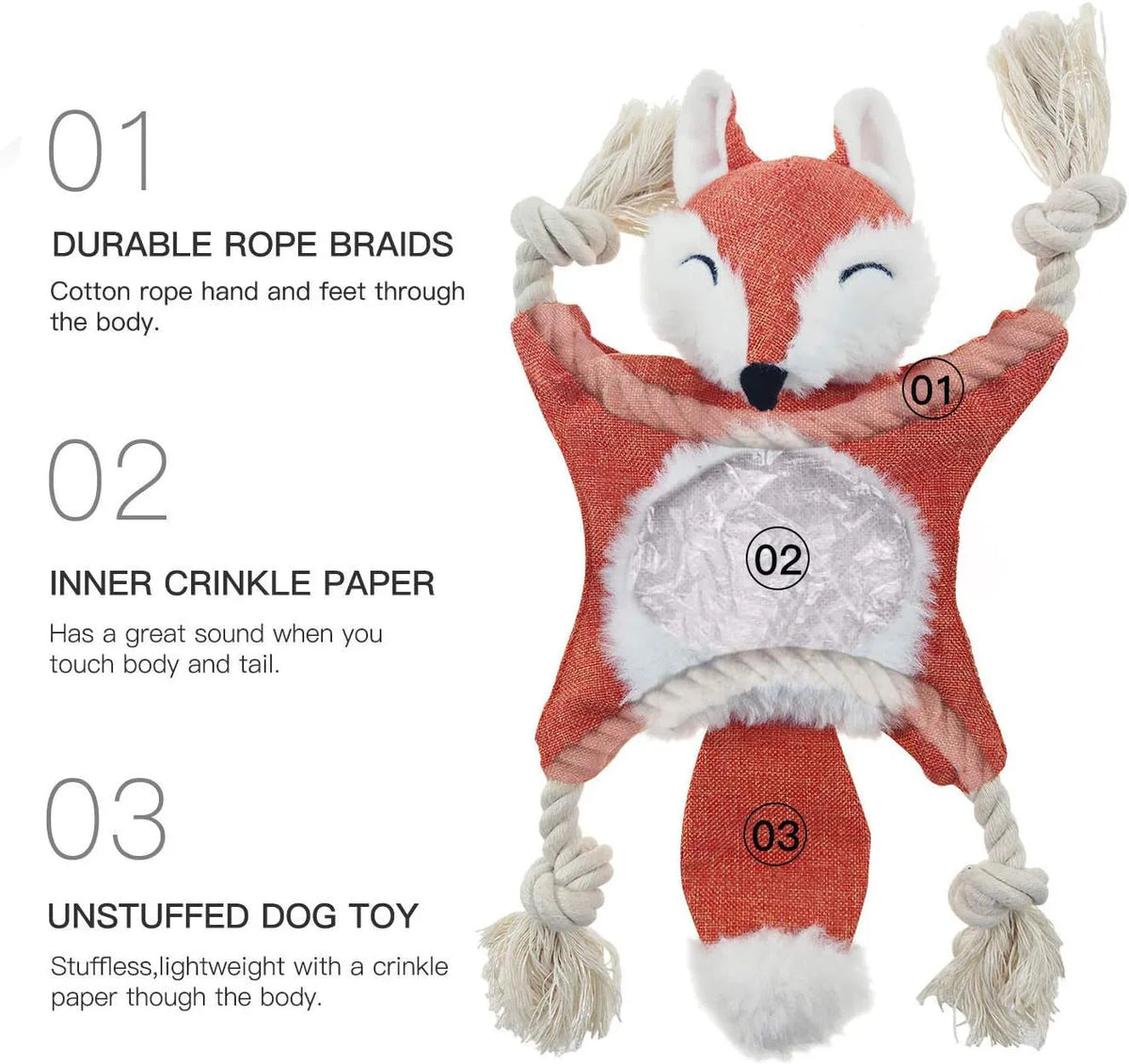 Brown plush fox dog toy with embroidery eyes, cotton rope limbs, and crinkle paper body