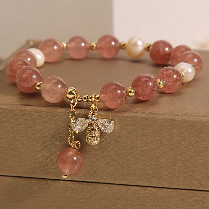 Women's freshwater pearl and strawberry quartz bracelet with zircon accents, Japanese and South Korean style