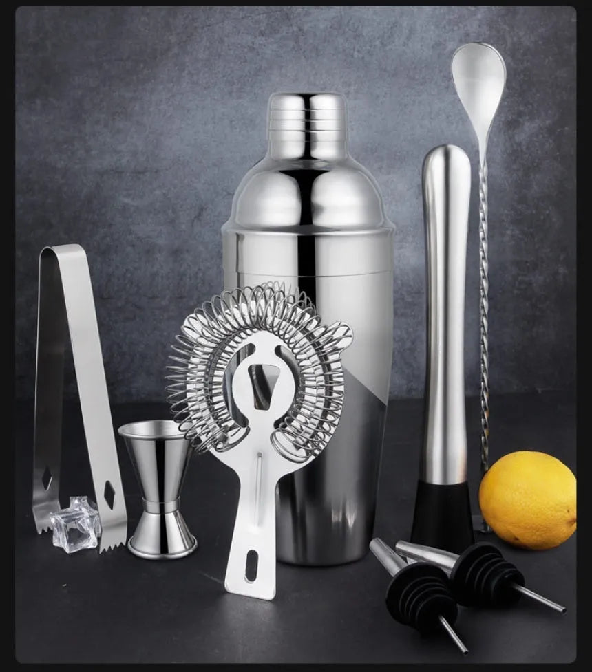 23-piece stainless steel cocktail set with European style design including shaker, strainer, and bar tools