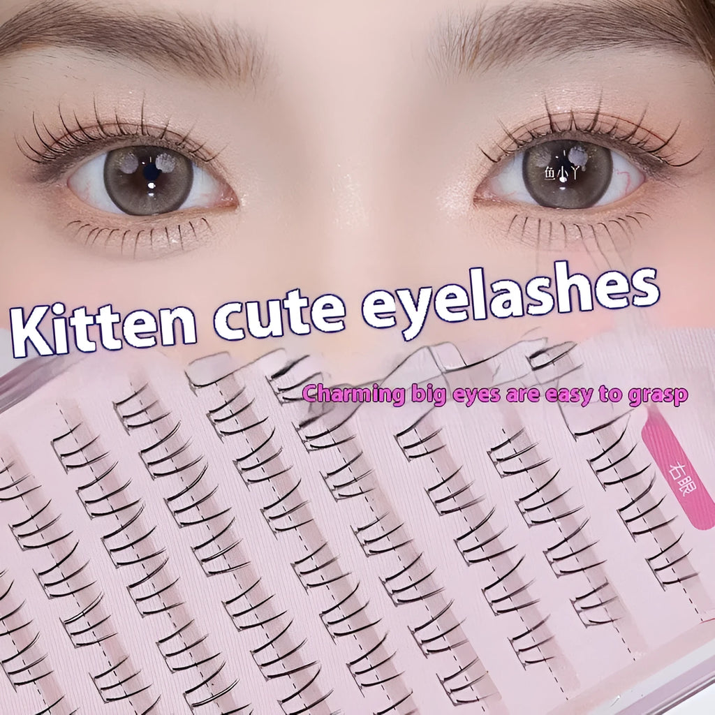 Set of 12-row sheer root false eyelashes with mixed 4-6mm lengths and pointed tails, plus kitten's paw lower lashes.