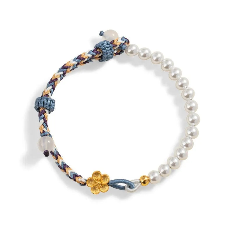 Sterling silver chalcedony bracelet with Chinese flower weaving and peach coloured cord