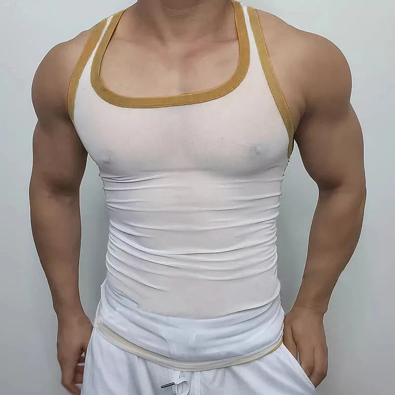 Men's white mesh fitness vest with straight hem and no-pocket design for athletic wear