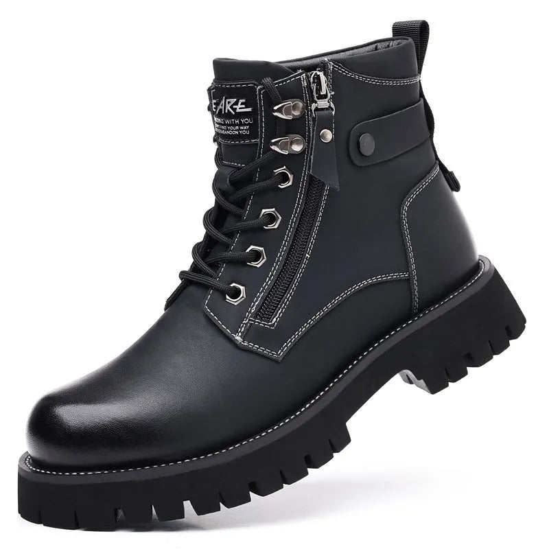 Men's brown leather high-top boots with side zipper and mid heel