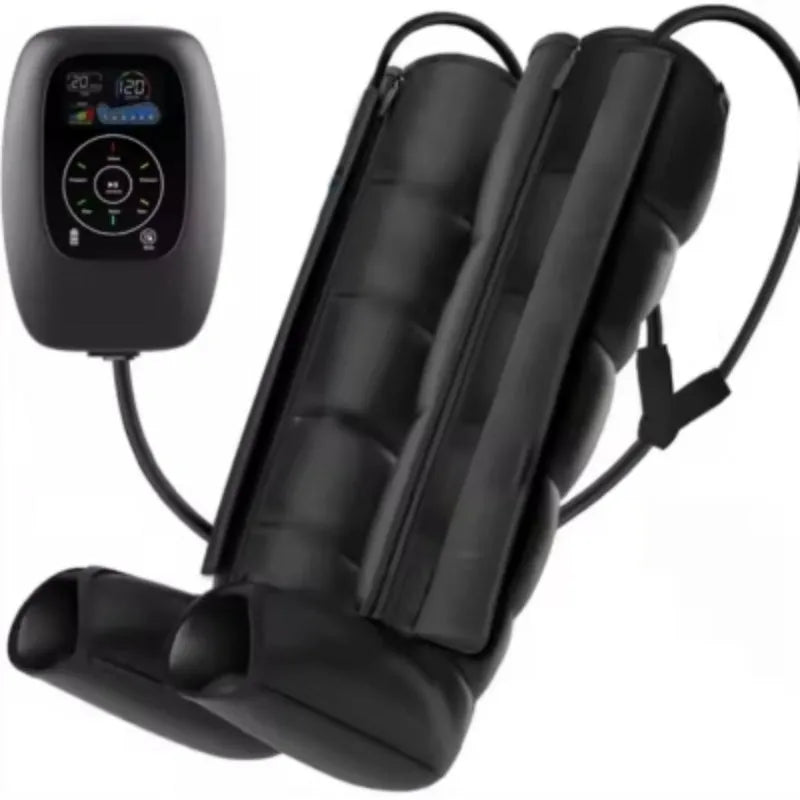 Air compression leg, arm, and waist massager set with handheld remote control on a table.