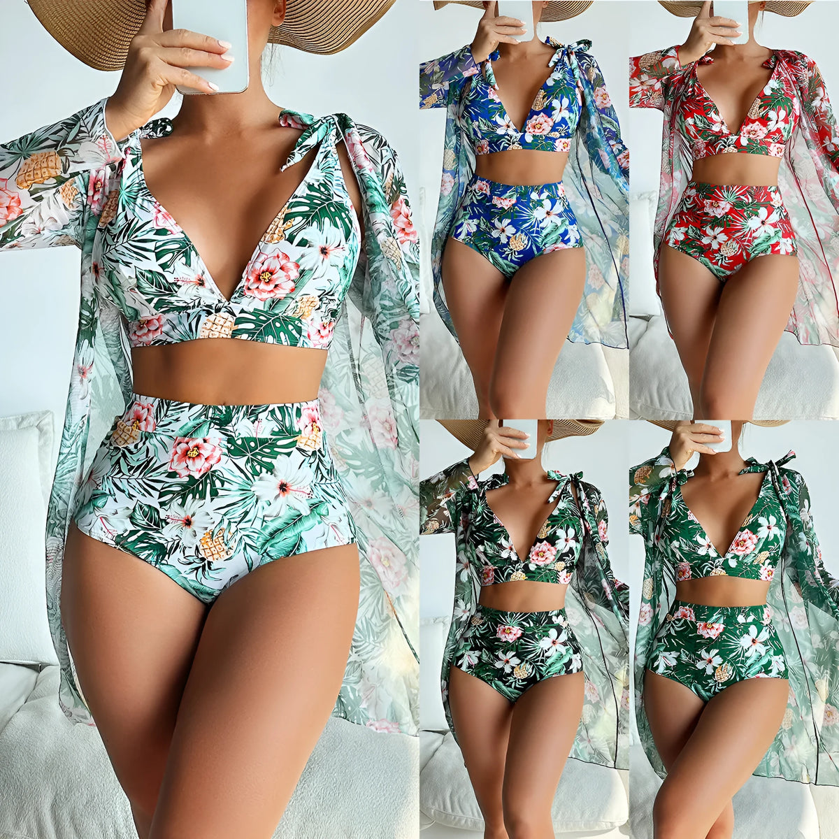 Women's printed three-piece bikini swimsuit set showing bra, shorts, and sunscreen shirt in multicolour pattern.