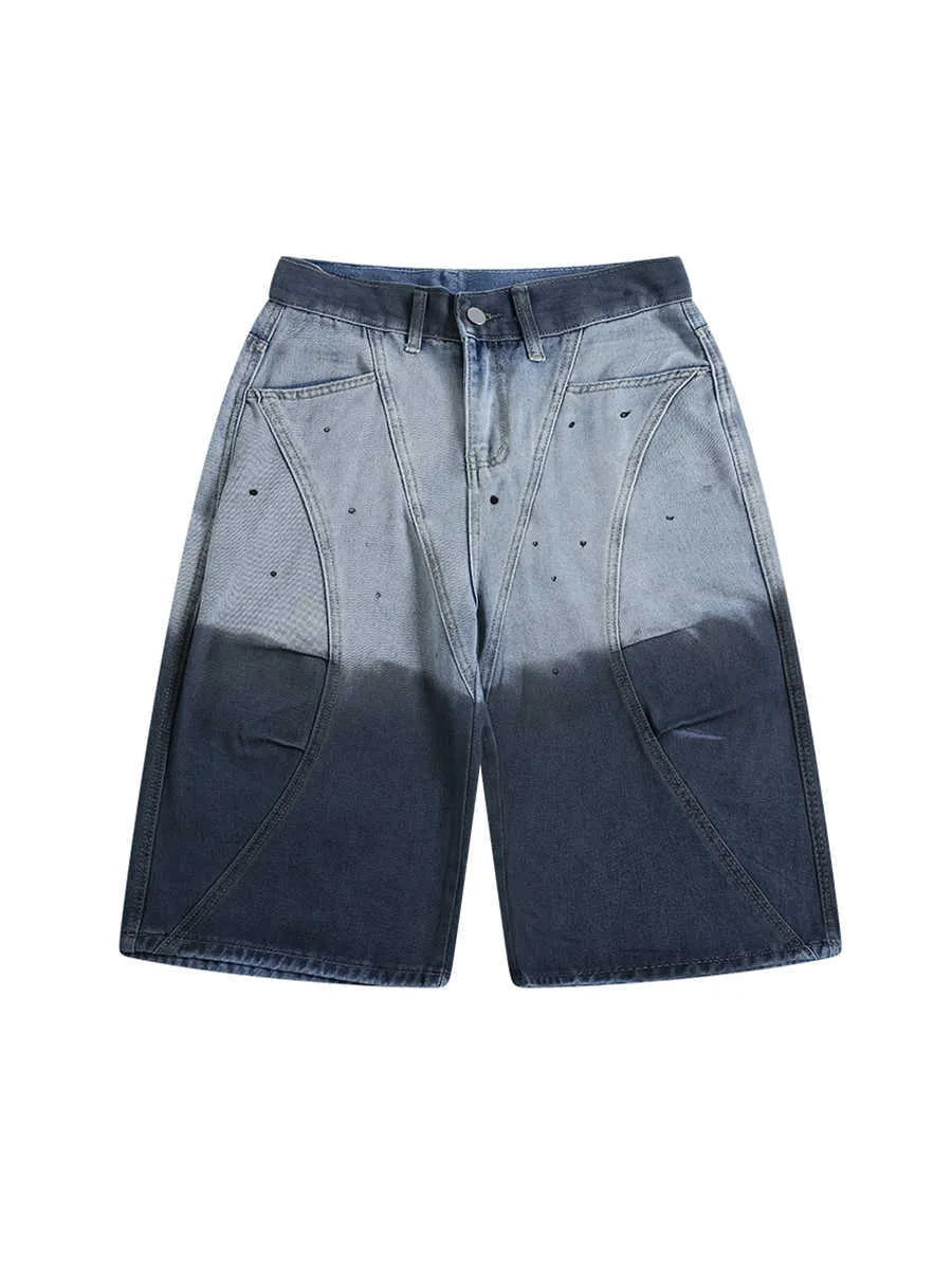 Blue gradient tie-dye loose cropped jeans on a mid-rise model.
