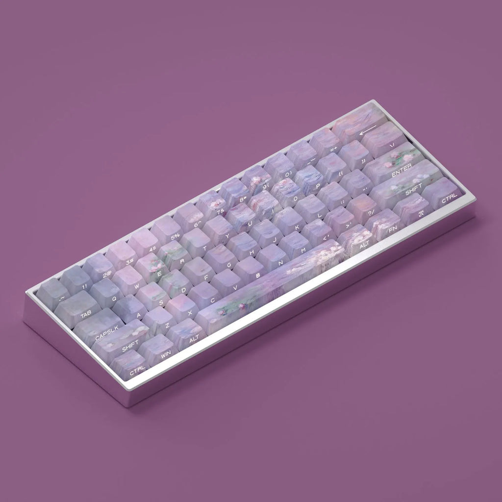 PBT mechanical keyboard keycap set with side-engraved translucent characters and water lily design, 130 pieces