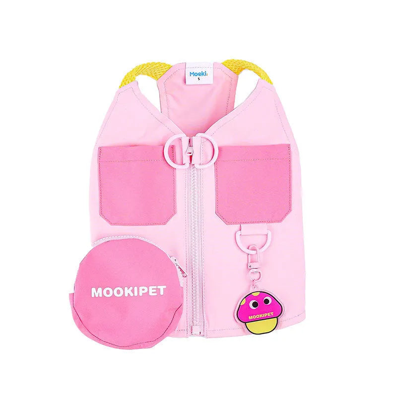 Pink polyester pet vest for a small dog on a mannequin, showing casual styling.