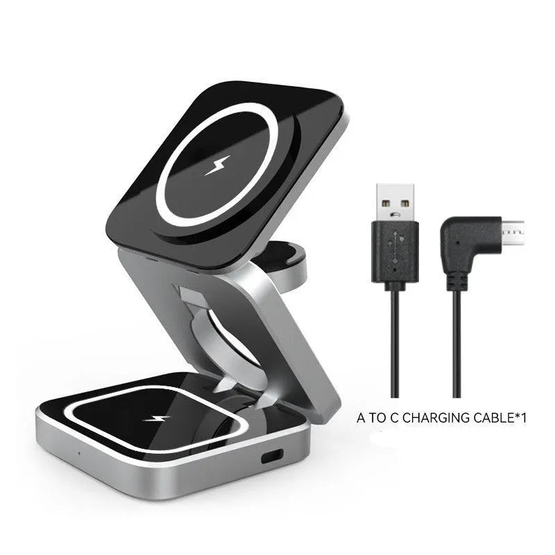 Foldable three-in-one desktop wireless charging bracket shown open and closed