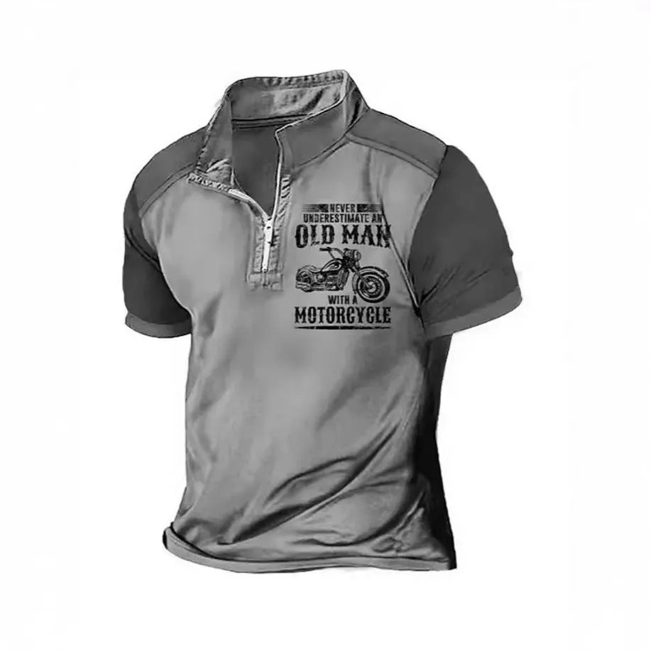 Men's short sleeve polo shirt with digital letter pattern and zipper decoration in polyester fabric